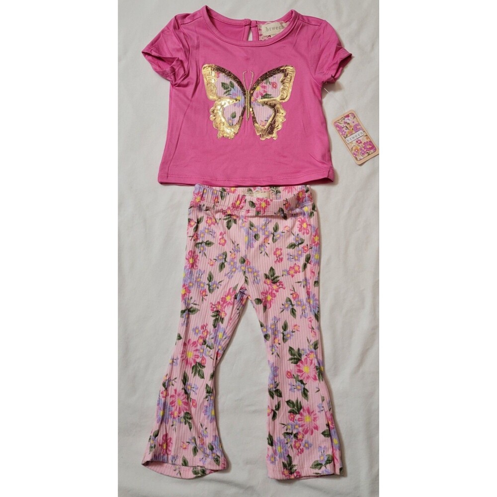 NWT Btween Baby Girl 2 Piece Butterfly Floral Outfit Pink 18 Months Bell Bottoms